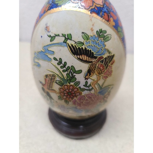 Golden Accented Oriental Birds Flowers Textured Porcelain Ceramic Egg with Stand - Picture 6 of 11